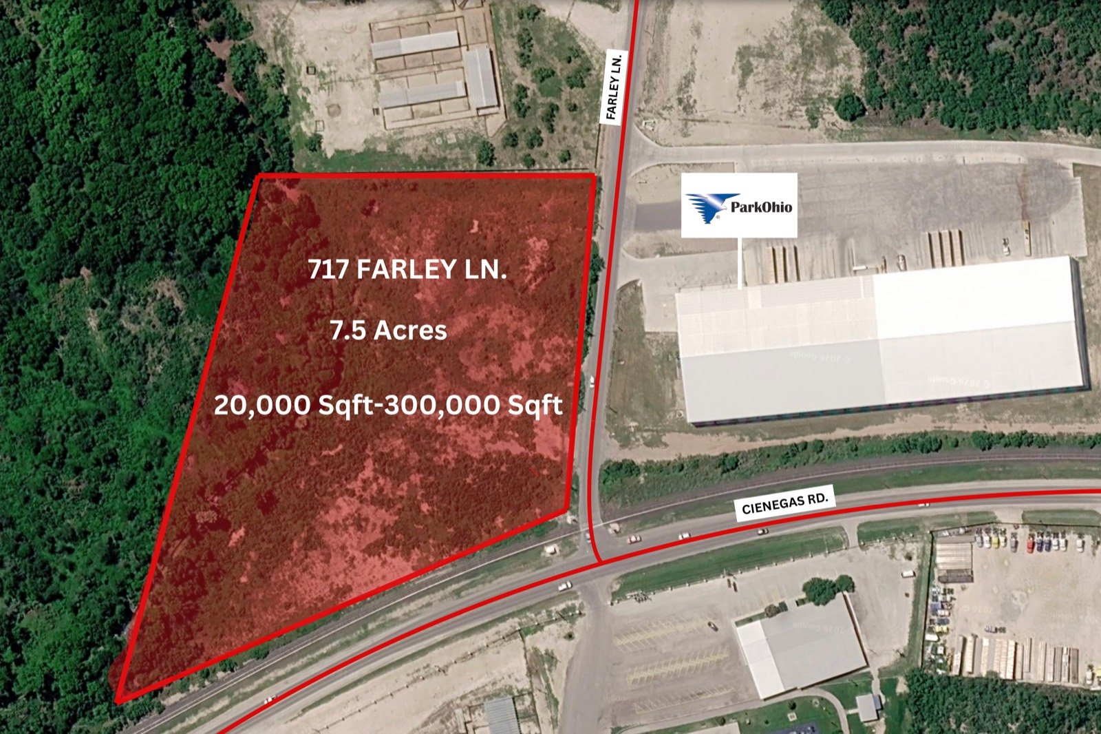 Site plan of 717 Farley Lane showing the parcel boundary against Farley Lane, Cienegas Road and the Park Ohio building